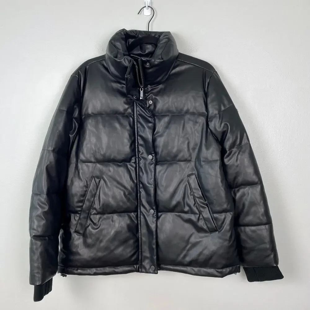 BCBGMaxazria Faux Leather Puffer Jacket Mock Neck Full Zip Black Coat Size Large